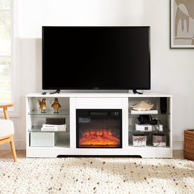 Tv Stand With Electric Fireplace & Large Storage Cabinets - 58"W X 15.5"D 24.4"H White Fireplace, 62" Accommodating, Glass Doors