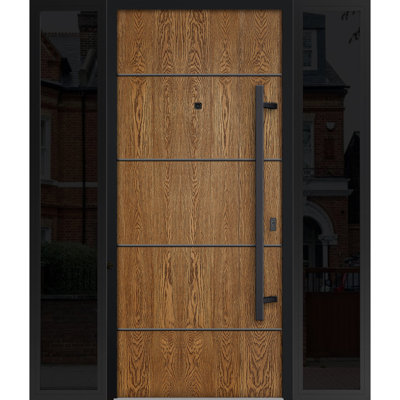 Front Exterior Prehung Steel Door / Deux 6683 Natural Oak / 2 Side Exterior Windows Sidelites/ Entry Metal Modern Painted W14+36+14" x H80" Left hand Inswing