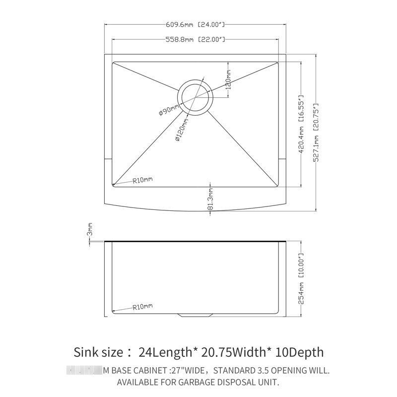 Gunmetal Black Stainless Steel 24" Sink - Apron Front Kitchen 16 Gauge, Trace, And Long-Lasting, , X-Shaped Drain Guide For Smooth Flow, R10 Rounded Corner, Includes Rack, Bottom Rinse Grid,