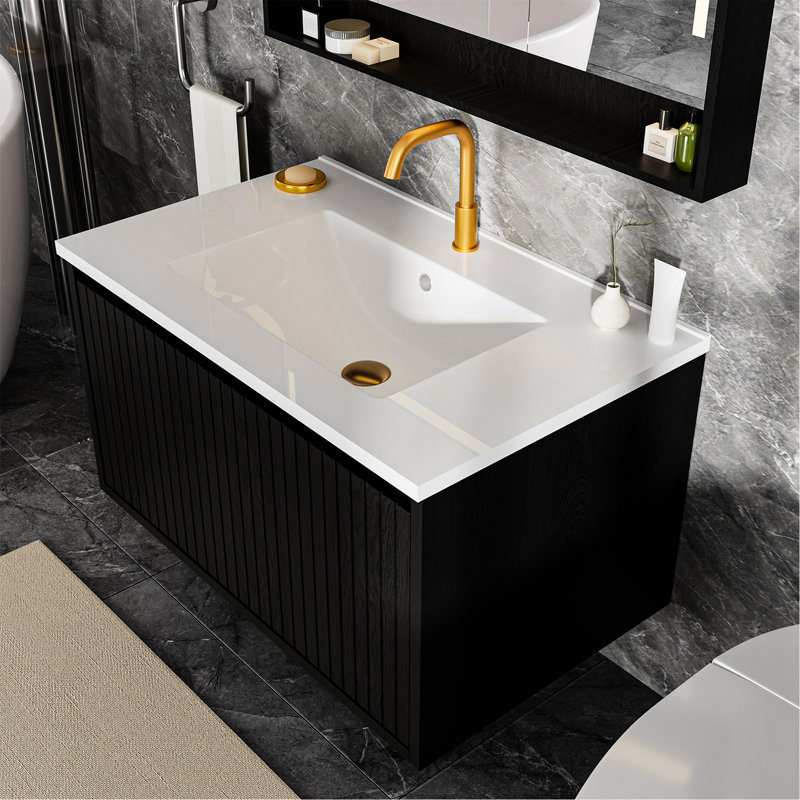 Meuble-lavabo flottant de 30 po, noir, sans lavabo, grand rangement, formaldéhyde bas, meuble-lavabo à installation rapide, conception murale, sans tiroir, assemblage facile, utilisation durable