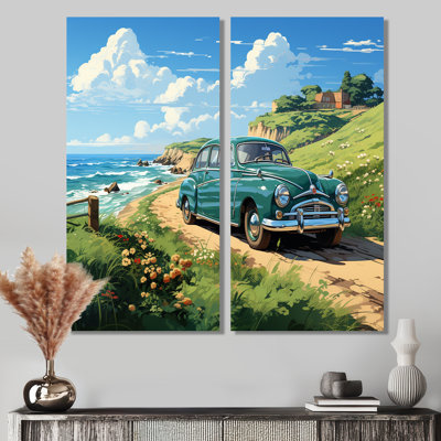 Green American Classic Car On A Beach I - Voiture de transport, art mural américain ancien, 2 pièces