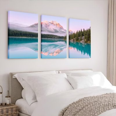 Lac de montagne, art sur toile tendue, ensemble de 3 reproductions de peintures à l'huile pour salon
