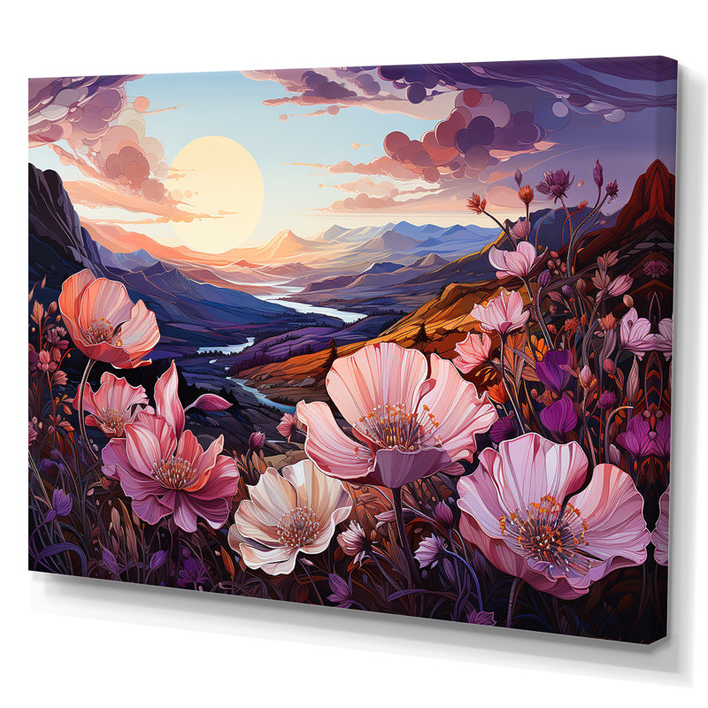 «Violets Flowers Mountain Charm» sur toile, Toile tendue, H 16 po x l 32 po x P 1 po