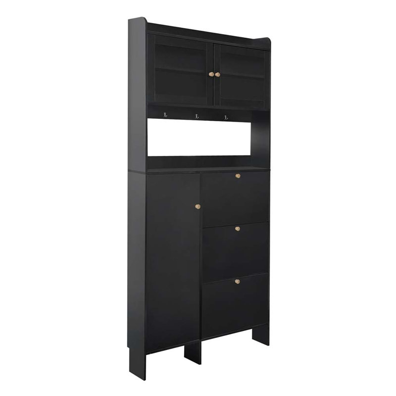 Armoire à chaussures Dantavius avec espace de rangement ouvert, portemanteau pratique avec 3 tiroirs rabattables, Noir