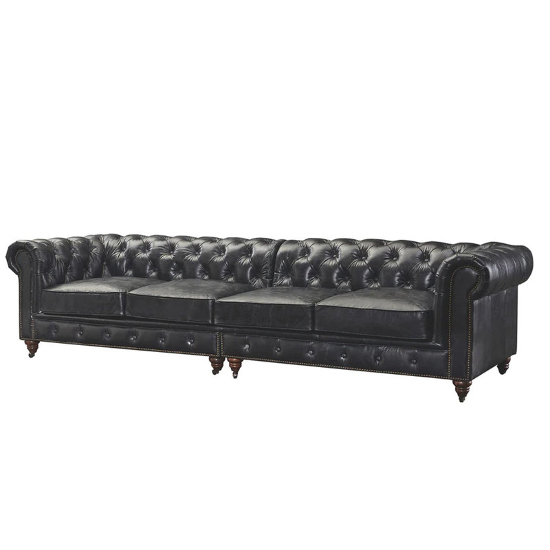 118" Genuine Leather Rolled Arm Chesterfield Sofa, Black Genuine Leather