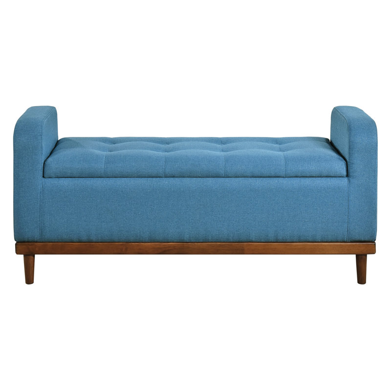 Banc de style Mid-Century moderne, revêtement texturé bleu, finition en bois de noyer massif, mobilier de chambre à coucher, tissu à poids limité de 300 lb, cadre de finition, compartiment de rangement,