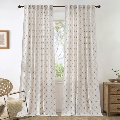 Rideaux géométriques Farmhouse de 96 pouces de long, lin naturel semi-diaphane (250GSM) à motif de losanges avec passe-tringle et fenêtre à l'arrière filtrant la lumière pour le salon, l 52 x L 96, 2 panneaux