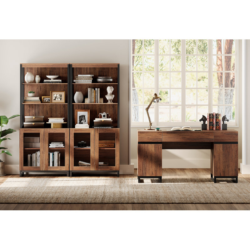  Home Office Furniture Set: 59" Executive Desk With Charging Station And Storage Cabinet, Two 72" Tall Bookcase, Modern Computer Desk And Library Shelf For Work Study