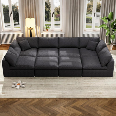 Modular Sectional Compression Sofa, Cloud Sectional Couch With Deep Seat, Upholstered Boneless Couches For Living Room Bedroom (Black, 6 Seater + 2 Ottoman)