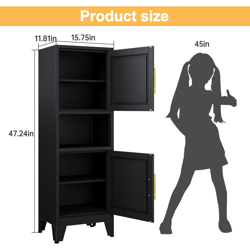 Armoire de rangement étroite en métal avec tablettes réglables, Noir, noir, noir, noir