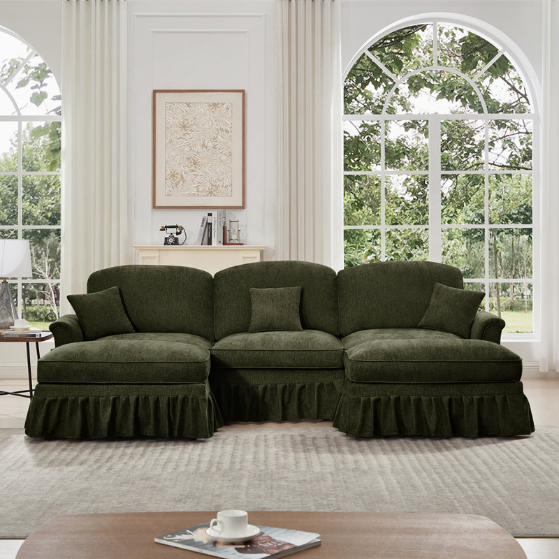 Élégant canapé Mid-Century 3 places avec 2 repose-pieds, Vert, H 36,6 po x l 107,1 po x P 55,1 po