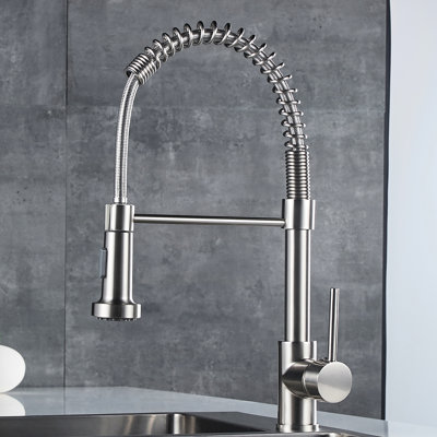 Commercial Kitchen Sink Faucet With Pull-Down , Brushed Nickel, Single Handle, 360 Rotatable Outlet Pull Down Faucet, Lever Stack