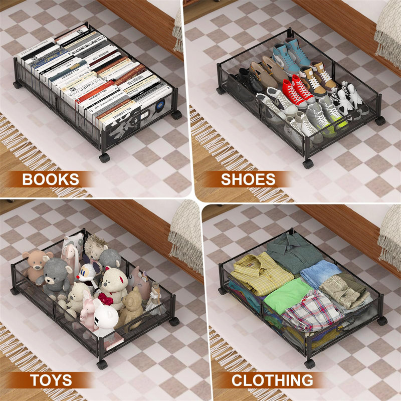 Black Metal Foldable Under Bed Storage Containers with Wheels