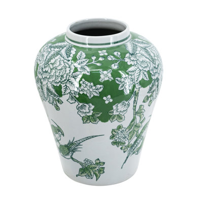 D8.5X10" Green And White Porcelain Vase With Nature-Inspired Motifs