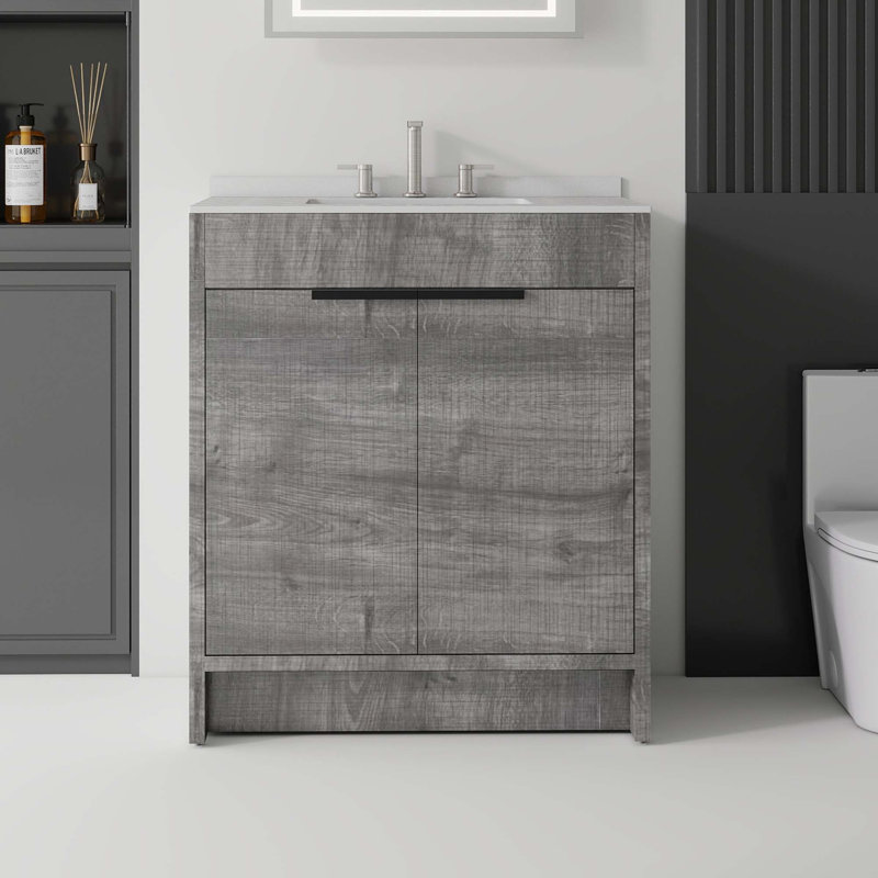 Meuble-lavabo autoportant moderne avec comptoir en marbre de culture et portes à fermeture douce, Grey