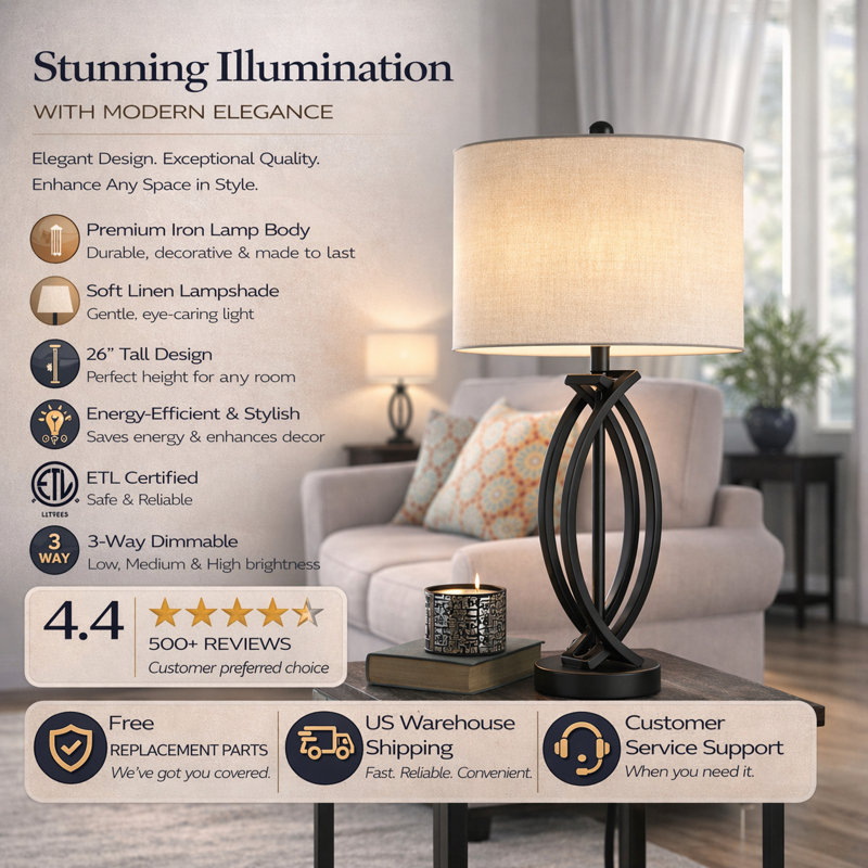 Burholme 26" Black Metal Industrial Table Lamp with 3-way Dimmable Light for Bedroom Nightstands, Living Rooms and Desks