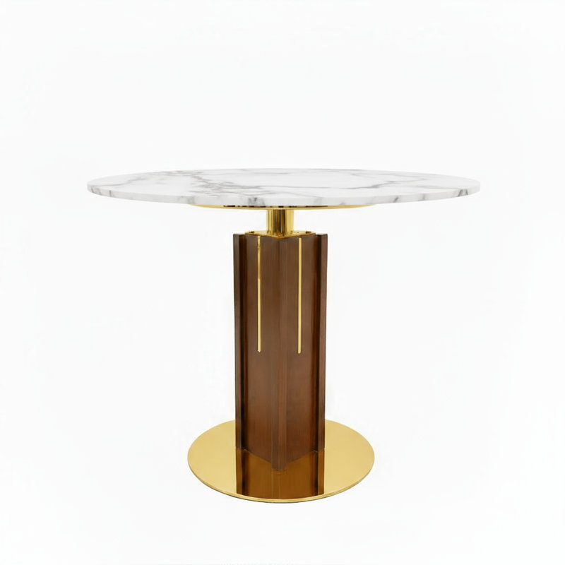 Table de salle à manger ronde 33 po de luxe avec piédestal multicouche en noyer et base en or brossé - disponible en verre, marbre blanc, plateau en marbre chaud