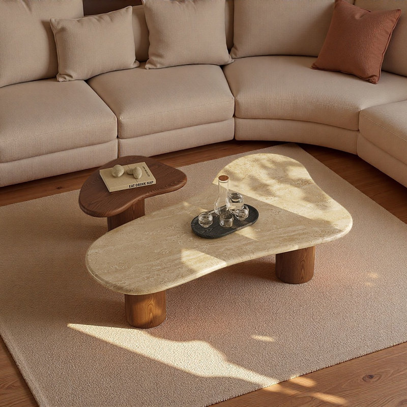Table basse Mid-Century en bois massif, Brun, Beige
