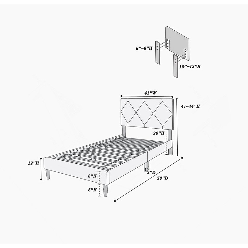 Lit simple avec tête de lit réglable 1pc, mobilier de chambre en velours gris pour chambre d'enfant, Simple, Gris