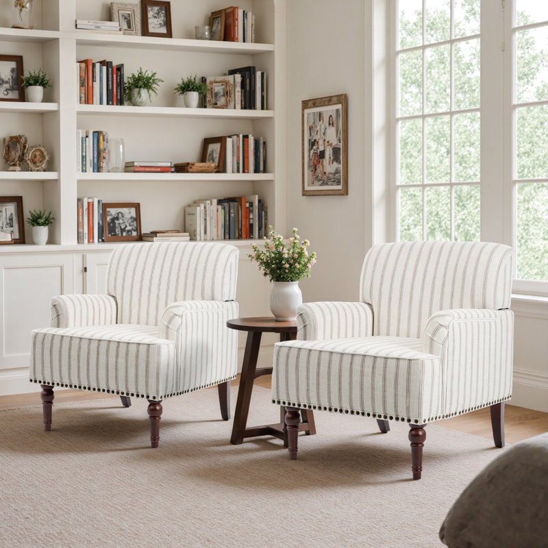 Iliana Upholstered Pinstripe Light Brown Cotton Blend Armchair with Solid Wood Legs and Nailhead Trim