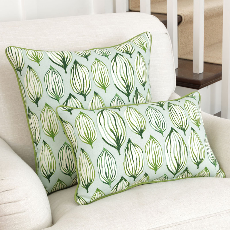 Tropical Leaf Aqua and Green Cotton Throw Pillow