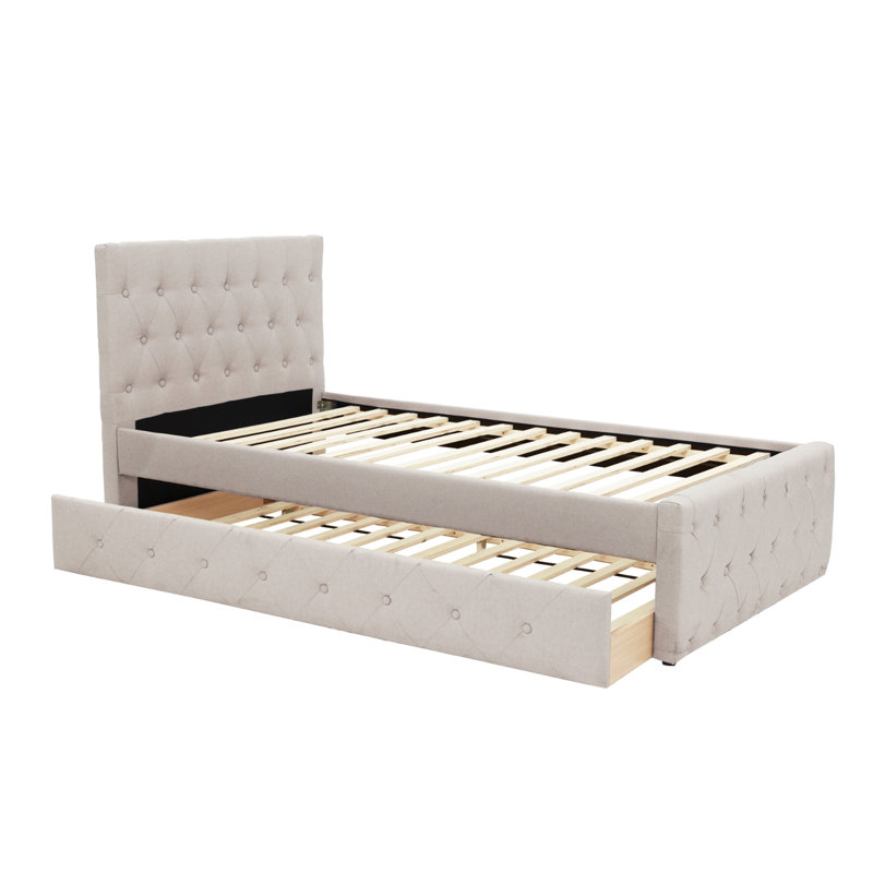 Fabric Fully Upholstered Twin Bed With Trundle, Beige