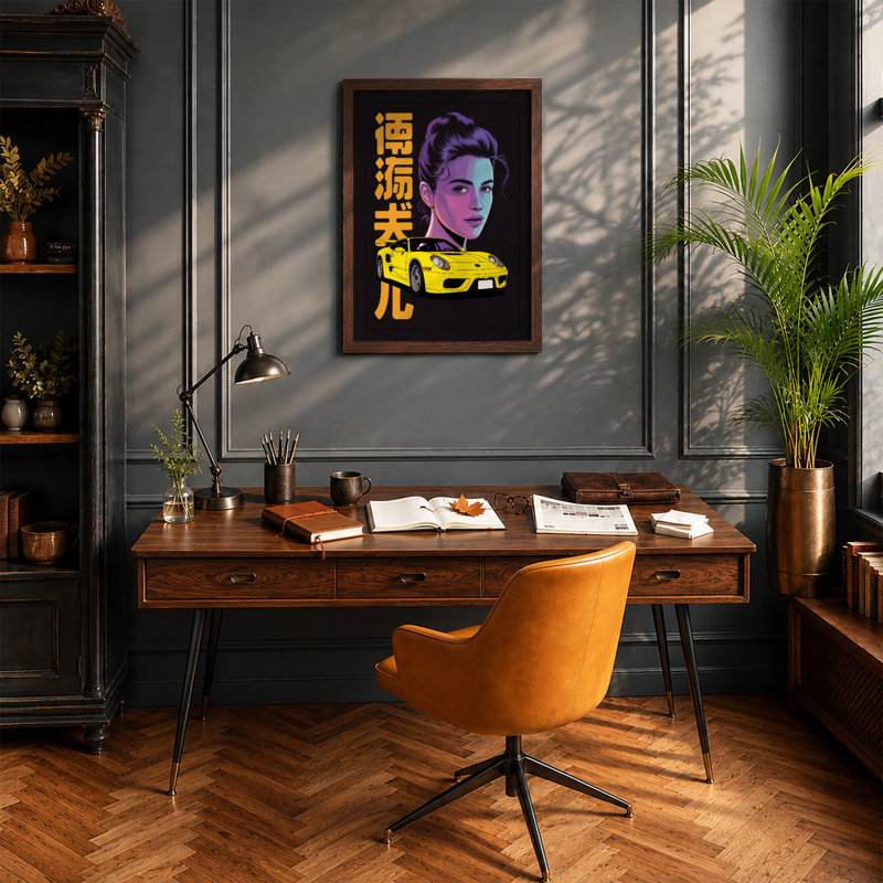 Man And Yellow Motor Pop Art - Print, Walnut, A4 - 29.7 x 21.0 cm