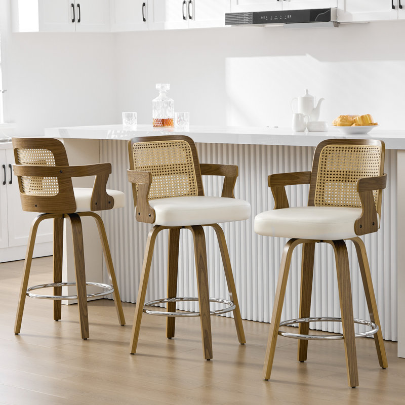 26.77" Upholstered Cane Back Counter & Bar Stool With Armrest, White