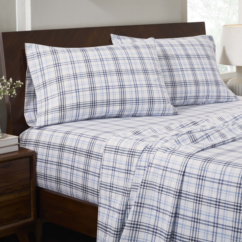 Ensemble de draps 100% flanelle Beldibi, À carreaux, bleu, Twin Sheet 3pc Set