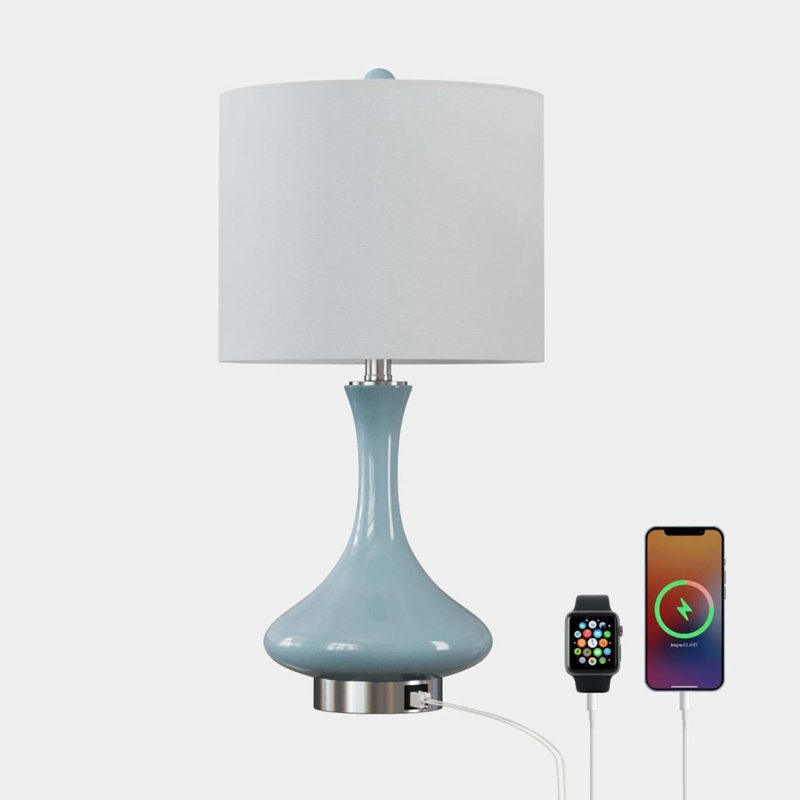 Lampe de table moderne en céramique avec ports de charge USB et Type-C, abat-jour en lin blanc pré-assemblé, interrupteur rotatif, E26 100 W, ampoule non incluse