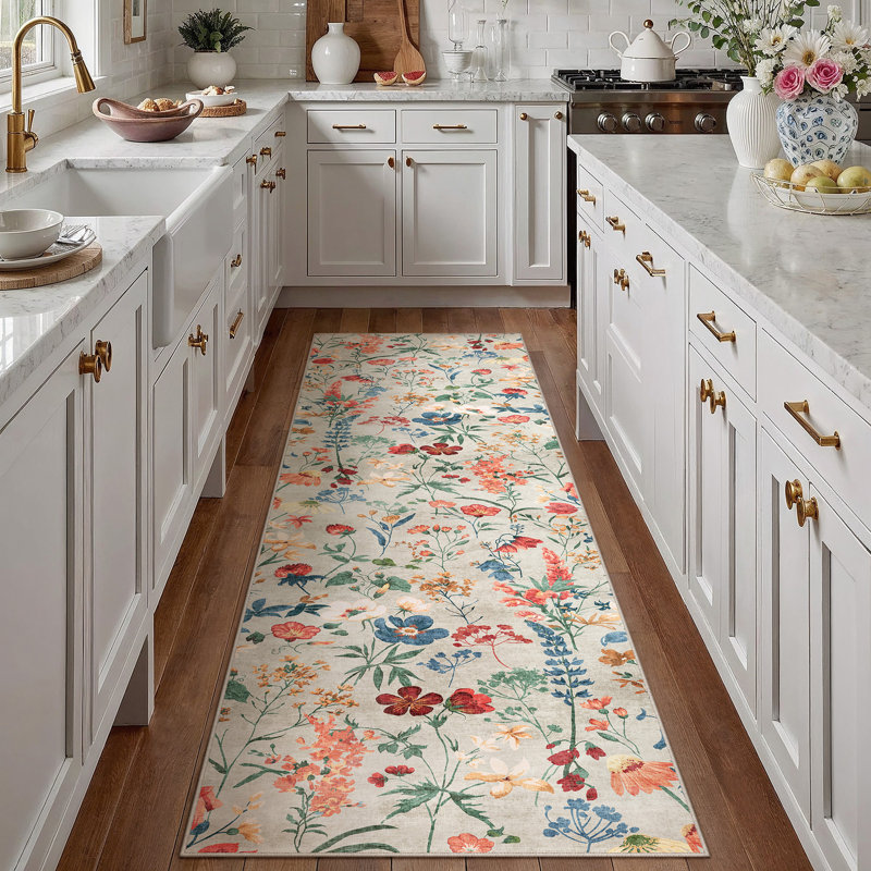 Tapis floral lavable à la machine avec envers antidérapant, Tapis de couloir 2 pi x 8 pi, Beige