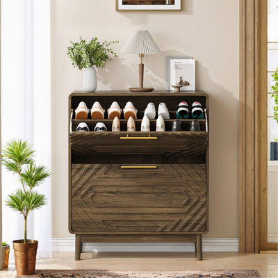 Armoire à chaussures 31,5 po en noyer, armoire à chaussures autoportante moderne Mid-Century, rangement autoportant avec 2 tiroirs rabattables, convient pour l'entrée, le couloir et le vestibule
