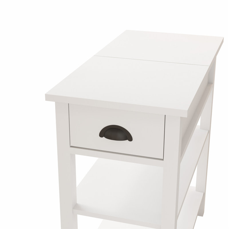 Wood Narrow Sided, Table Sofa Side Table with Drawers and Partition in 180 Flip Over Design, White