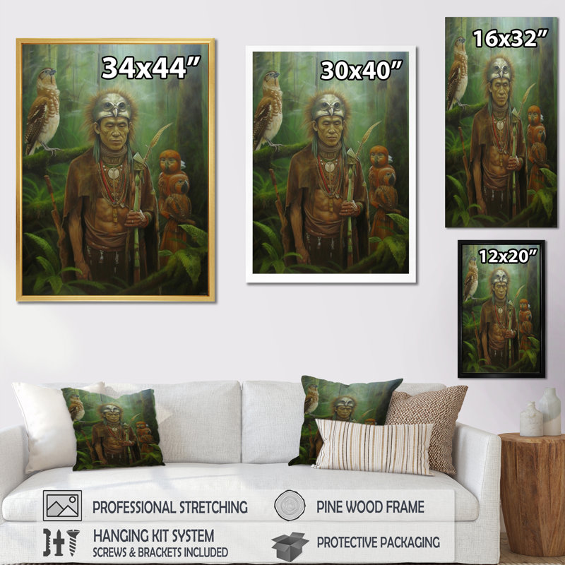 Chaman Amazonien, sagesse antique sur toile, H 44 po x l 34 po x P 1,5 po, Cadre flottant doré