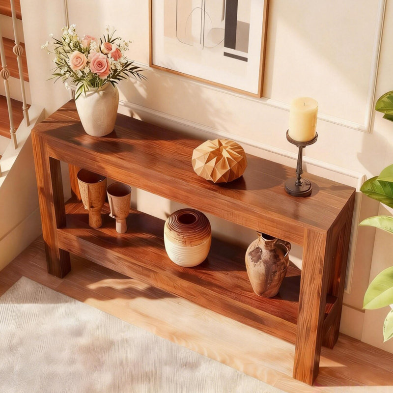 Console de style moderne en bois massif., H 29,5 po x l 47,2 po x P 13,7 po, Brun-roux, Brun-roux, Brun-roux