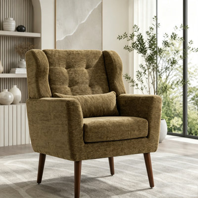 Fauteuil d'appoint en chenille vert olive avec coussin lombaire