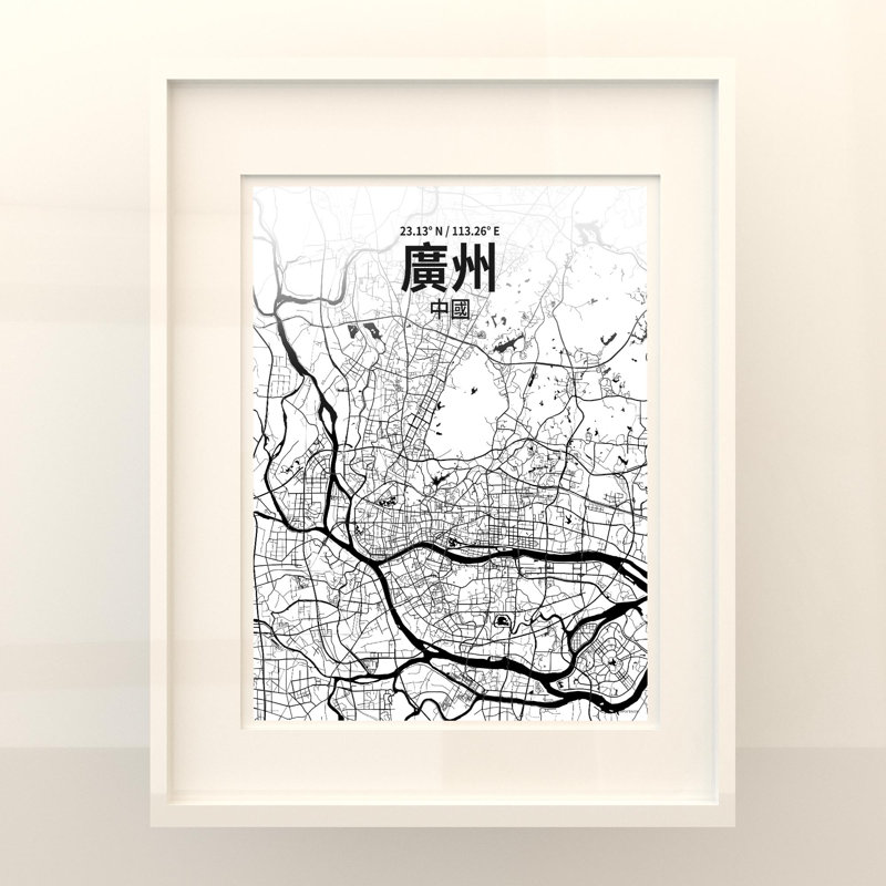 Impression sur carte de la ville de Canton (chinois traditionnel), H 20 po x l 16 po x P 0,05 po, Noir et blanc
