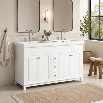 Meuble-lavabo 60 po avec lavabo double en résine, 3 tiroirs et 4 portes (2 avec tablettes à double couche), pieds en bois massif, fermeture en douceur, blanc