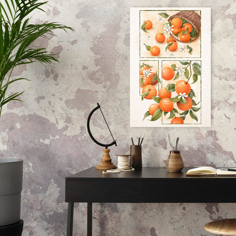 Aquarelle, oranges et fleurs, art abstrait contemporain de paysage de fruits, H 24 po x l 16 po