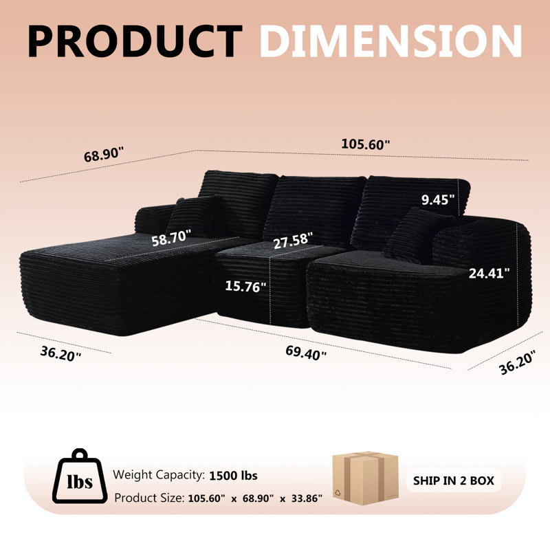 Boneless 106" Oversized Modular Sectional Sofa, with Convertible L-Shape Couch, Left Hand Facing, Black