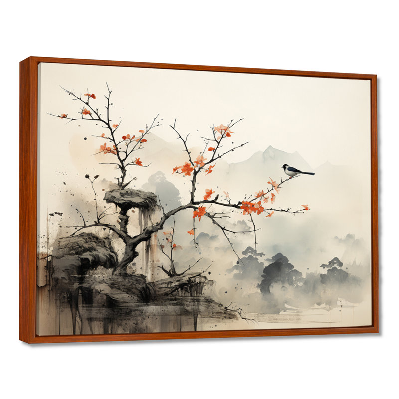 «Asian Art Sumi Bird Serenity XIX» - Art asiatique sur toile, art mural, 12" H x 20" W, Cadre flottant brun