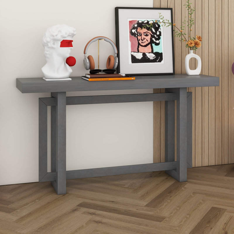 59.1'' Painted Entryway Table With Pine Veneer, Unique Triple Rectangle Design Console Table With Thick Pine Wood Legs, Gray