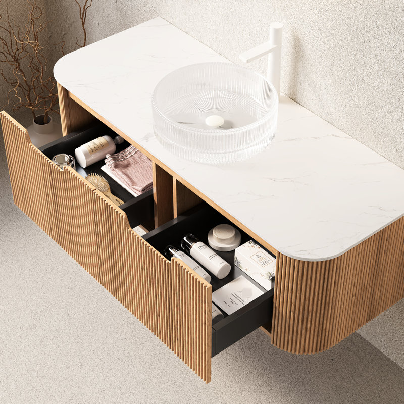 Meuble-lavabo de salle de bain de 122 cm (48 po) avec lavabo rond transparent, contreplaqué, 2 tiroirs, grand espace de rangement, verre cristal blanc flottant, préassemblé