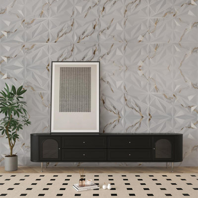 Paquet de 33 panneaux muraux 3D en losange pour décoration murale intérieure - carreaux muraux texturés (blanc veiné or)