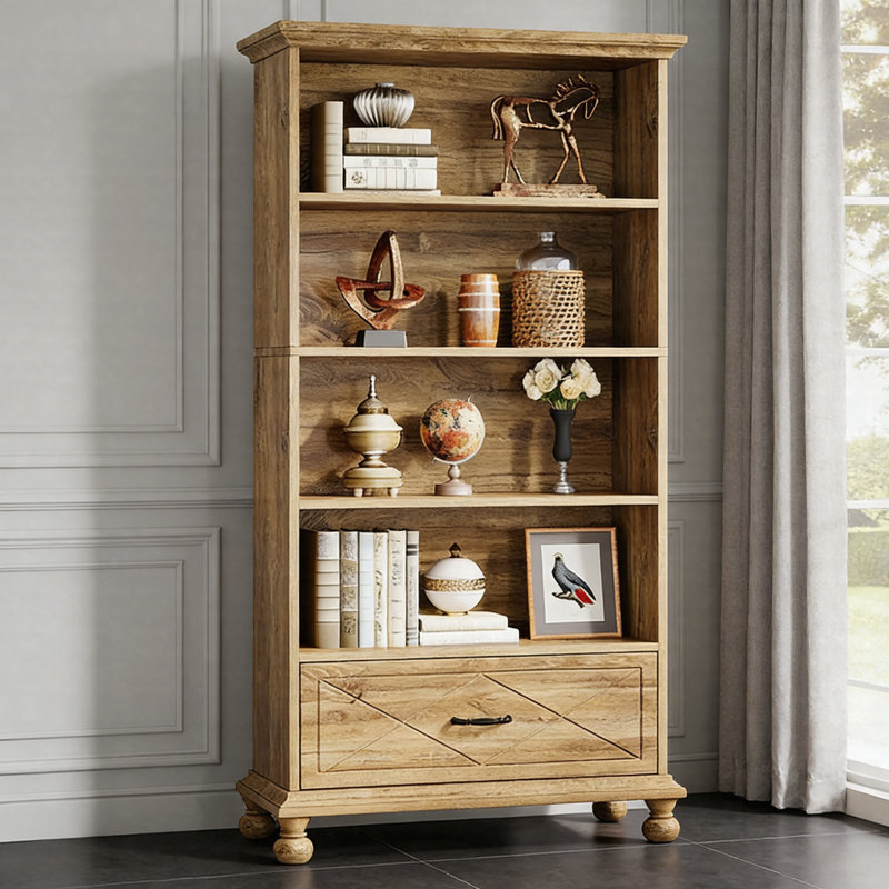 71" Farmhouse Bookshelf With Drawer, 5-Shelf Freestanding Bookcase With Solid Wood Legs, Oak