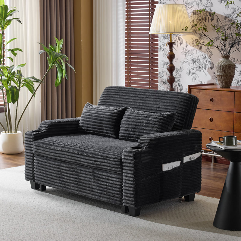  Upholstered Corduroy Convertible Reclining Sleeper Couch Pull Out Sofa Sofa Bed Loveseat Recliner For Small Space, Dark Gray