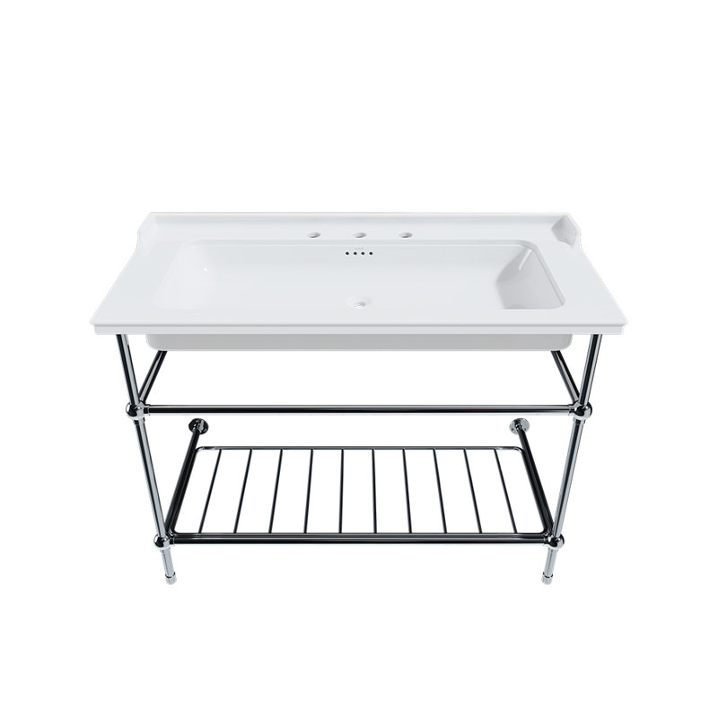 Gloss White Fireclay Rectangular Console Bathroom Sink with Overflow, Polished Nickel, 8" Centers