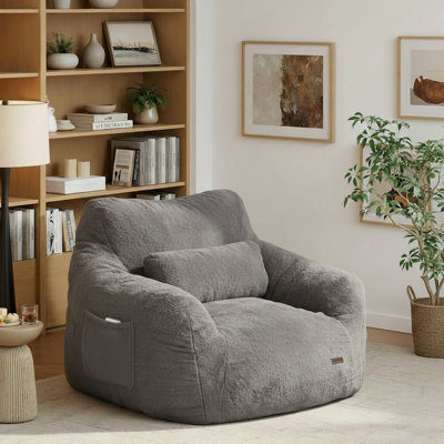 Oversize 46" Faux Fur Tufted Compression Bean Bag Chair with Pillow & Pocket, Memory Foam Filled