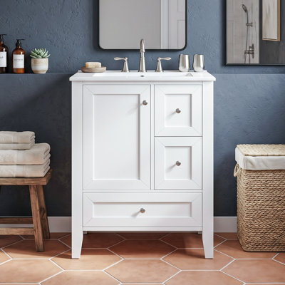 Meuble-lavabo autoportant 24 po en bois massif + panneau de fibres à densité moyenne avec lavabo intégré en céramique, armoire de bain blanche avec tablettes de rangement, porte à fermeture en douceur, 3 tiroirs et poignées