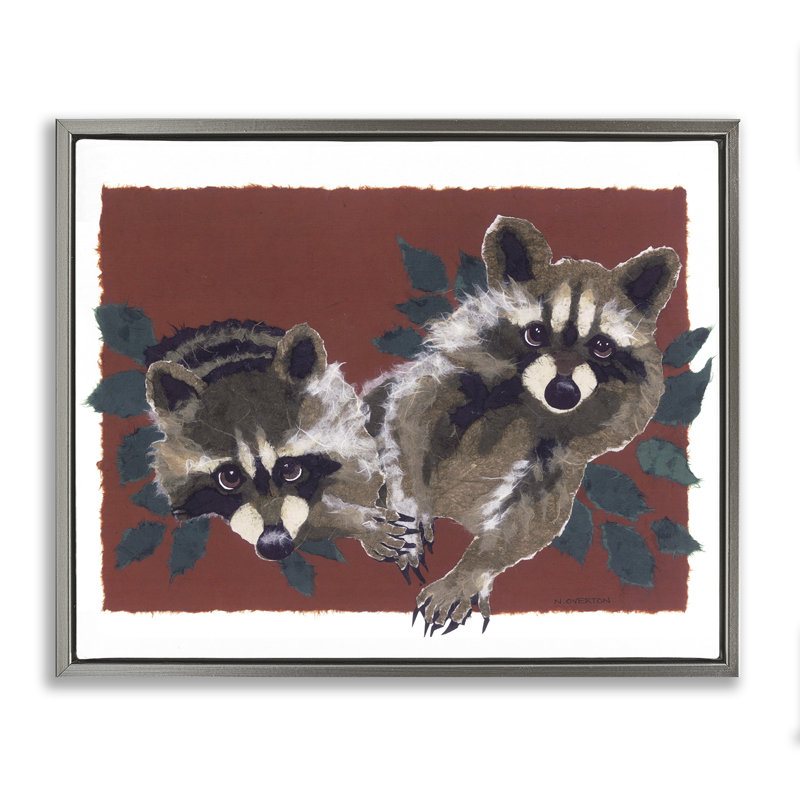 "Deux ratons laveurs et feuilles", art mural par Nancy Overton, Cadre flottant gris lustré, H 25 po x l 31 po
